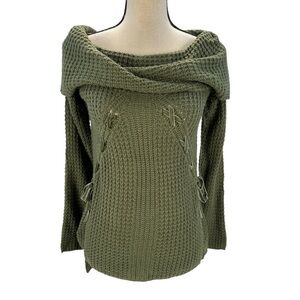 OHMG Long Sleeve Cowl Neck Ribbon Detail Sweater - Olive Green - size Small